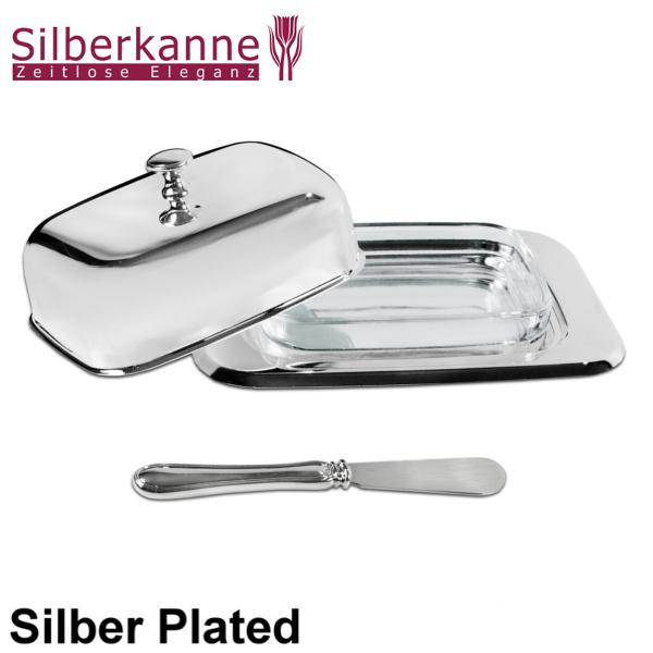 Silberkanne Butterdose mit Messer L 18 cm 4 tlg versilbert Silber Plated. Aus am 02102023