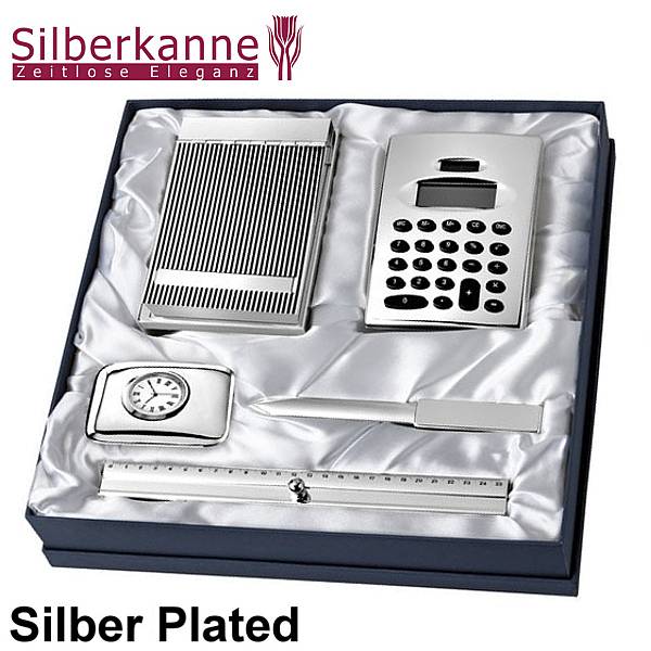 Silberkanne Schreibtischzubehör Set 5 tlg Silber Plated versilbert. Notizblock, Tischrechner, Lineal, Brieföffner, Tischuhr