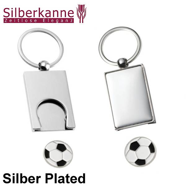 Silberkanne Schlüsselanhänger mit Fussball Chip 8,5x3,5 cm Silber Plated versilbert