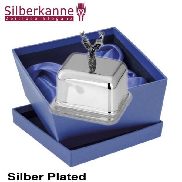 Silberkanne Butterdose Hirsch 2 tlg 10 x 8,5 x 9,5cm 1/4 Pfund Silber Plated versilbert Günstig kaufen