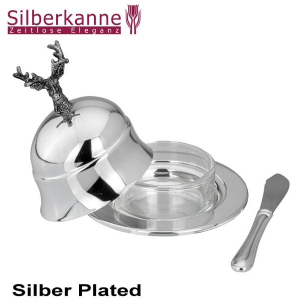 Silberkanne Butterglocke mit Messer Hirsch 4 tlg H 10 cm Silber Plated versilbert
