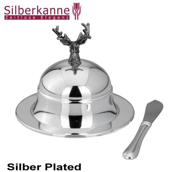 Silberkanne Butterglocke mit Messer Hirsch 4 tlg H 10 cm Silber Plated versilbert Großer Ausverkauf