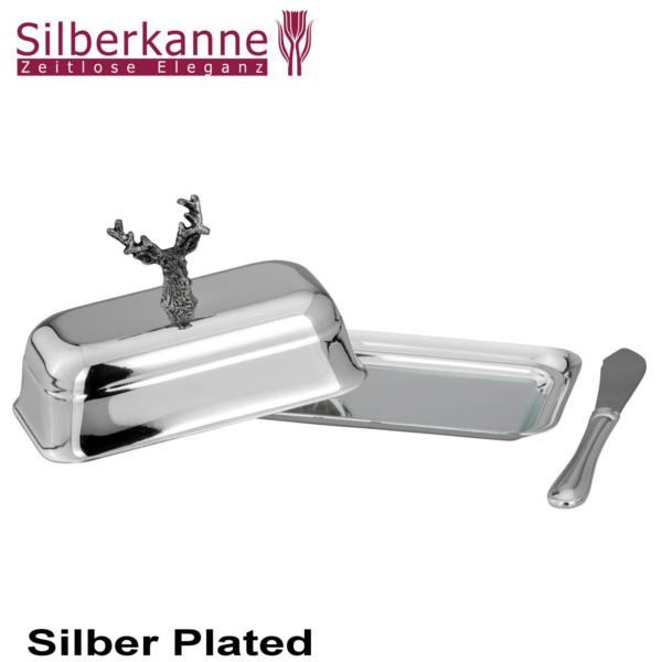 Silberkanne Butterdose mit Messer Hirsch L 14 cm 4 tlg Silber Plated versilbert