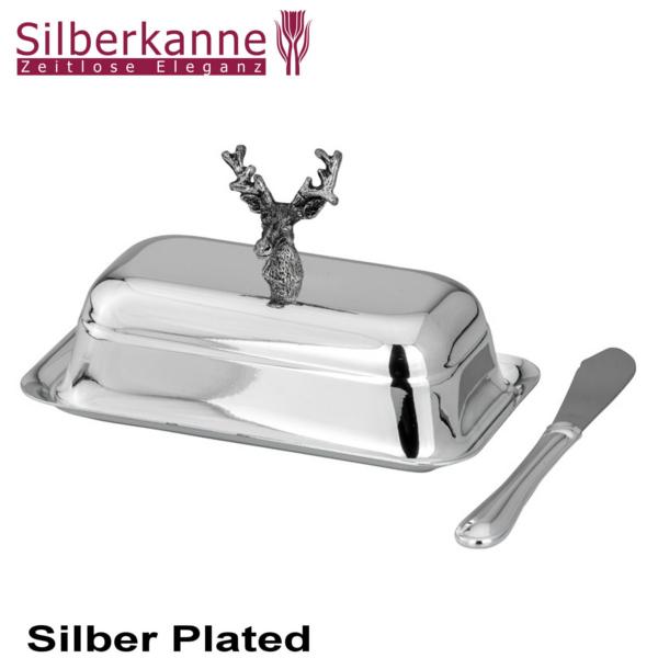 Silberkanne Butterdose mit Messer Hirsch L 14 cm 4 tlg Silber Plated versilbert Begrenztes Angebot