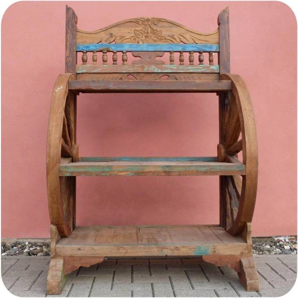Simandra Antikes Wagenrad Regal Djawa Recycling Teak Holz massiv Räumungsverkauf