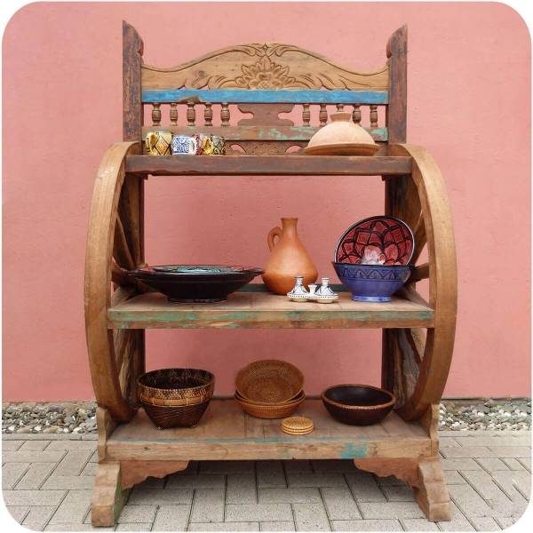 Simandra Antikes Wagenrad Regal Djawa Recycling Teak Holz massiv Räumungsverkauf