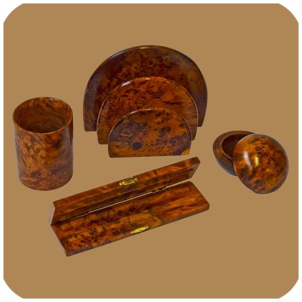 Simandra Schreibtischset aus edlem Thuja-Wurzelholz I 4-teilig I bestehend aus Schatulle I Stiftebecher I Stifte-Etui Briefhalter Super Sparpreis