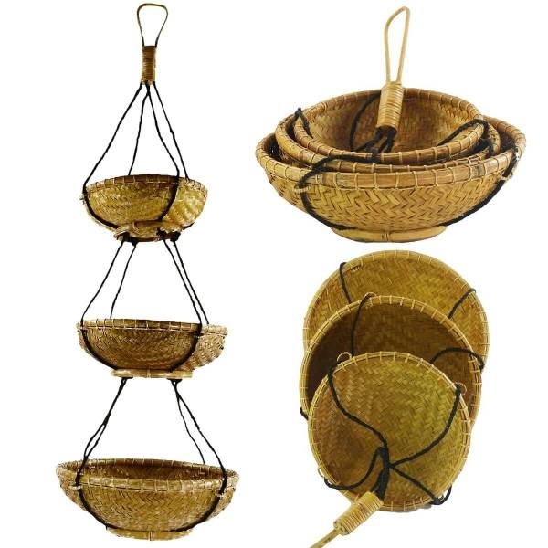 Simandra Rattan Hängekorb Bambus Hängeregal Boho Obstkorb Hängeetagere aus Naturmaterial Neuheiten