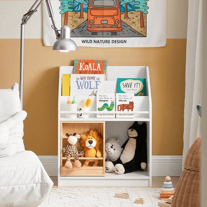Sobuy SoBuy Kinderregal mit Schiebetür Bücherregal Aufbewahrungsregal Kinder Weiß-Natur KMB98-W Jubiläumsangebot