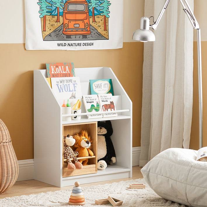 Sobuy SoBuy Kinderregal mit Schiebetür Bücherregal Aufbewahrungsregal Kinder Weiß-Natur KMB98-W Jubiläumsangebot