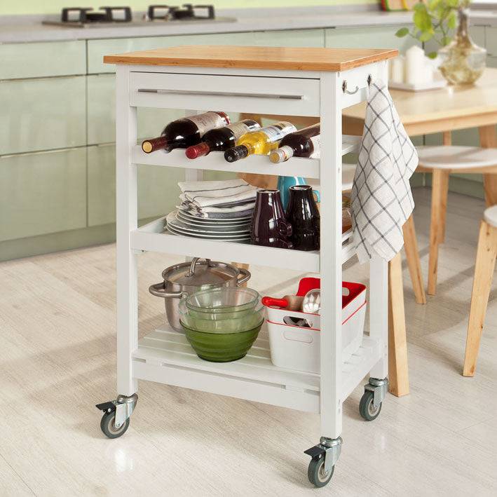 Sobuy SoBuy Küchenwagen mit Rollen Barwagen mit Flaschenablage Servierwagen Weiß/Bambus FKW16-WN Neueste Stile