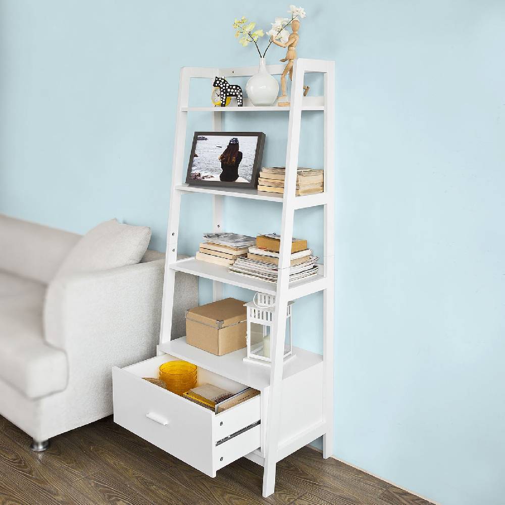Sobuy SoBuy Leiterregal Weiß Bücherregal mit Schubladen Standregal Holz FRG116-W 2025