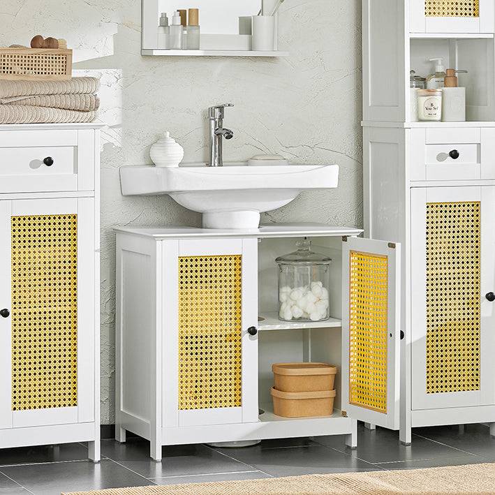 Sobuy SoBuy Waschbeckenunterschrank mit Gitteroptik-Türen Badschrank Waschtisch Weiß-Gelb BZR72-II-W Cyber Monday
