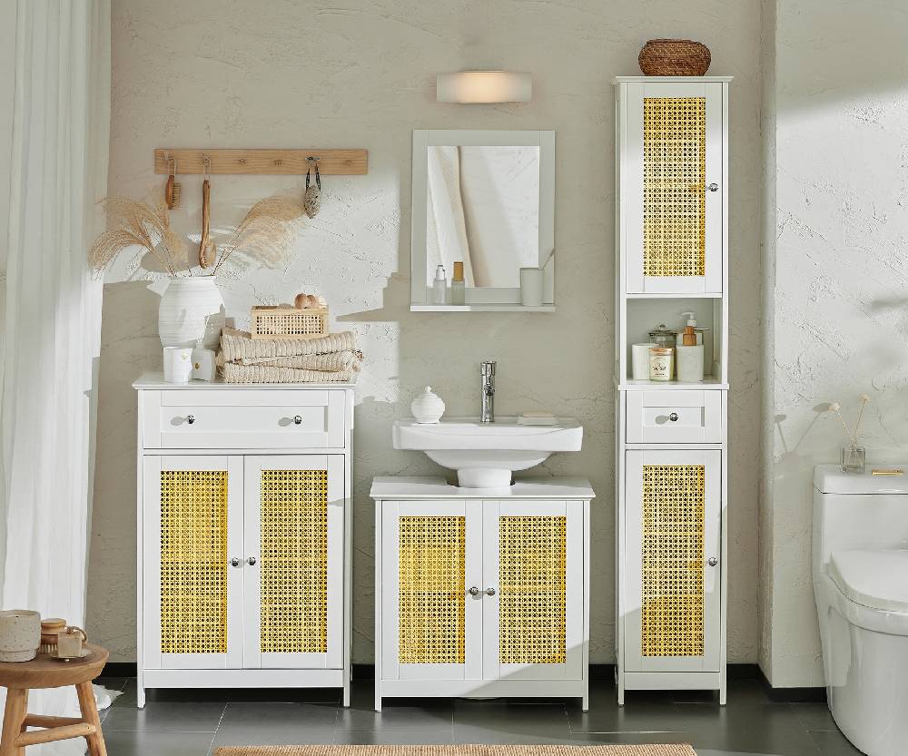 Sobuy SoBuy Waschbeckenunterschrank mit Gitteroptik-Türen Badschrank Waschtisch Weiß-Gelb BZR72-II-W Cyber Monday