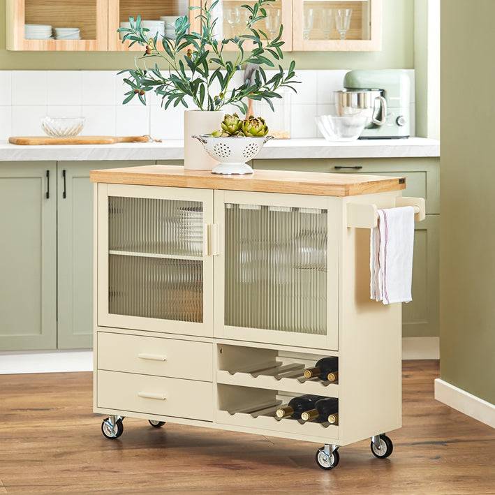 Sobuy SoBuy Küchenwagen mit Flaschenablage Kücheninsel mit Weinglashalter Küchenschrank Sideboard Beige FKW114-MI Neueste Mode