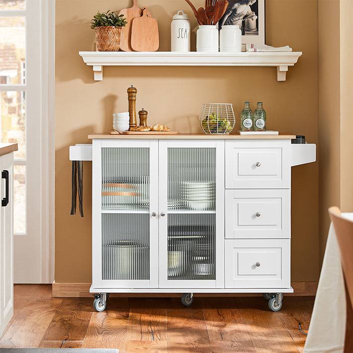 Sobuy SoBuy Küchenwagen mit Glastüren Kücheninsel mit Gewürzregal Küchenschrank Sideboard Weiß-Natur FKW120-WN